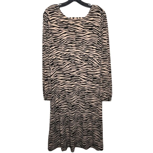 LOFT Tan Black Animal Print Long Sleeve Midi Dress Size 6 NWT Fall - Picture 1 of 12